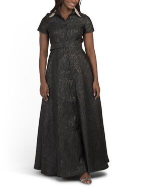 Rene Ruiz Embellished Collar Jacquard Knit Gown With Belt